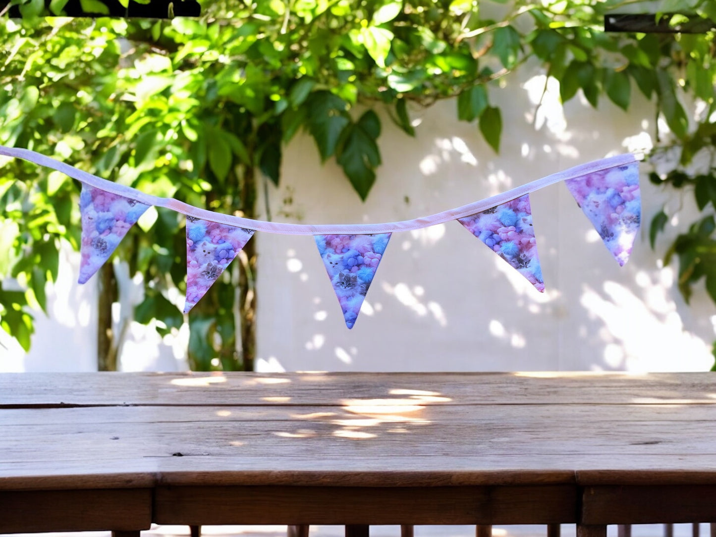 Double Sided Hand Made Bunting in a beautiful Cute Blue and Pink Kitten design - Kittens one side and Plain Blue the other