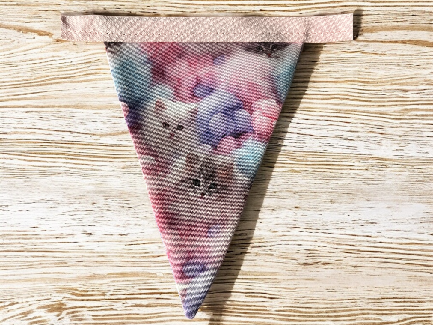 Double Sided Hand Made Bunting in a beautiful Cute Blue and Pink Kitten design - Kittens one side and Plain Blue the other
