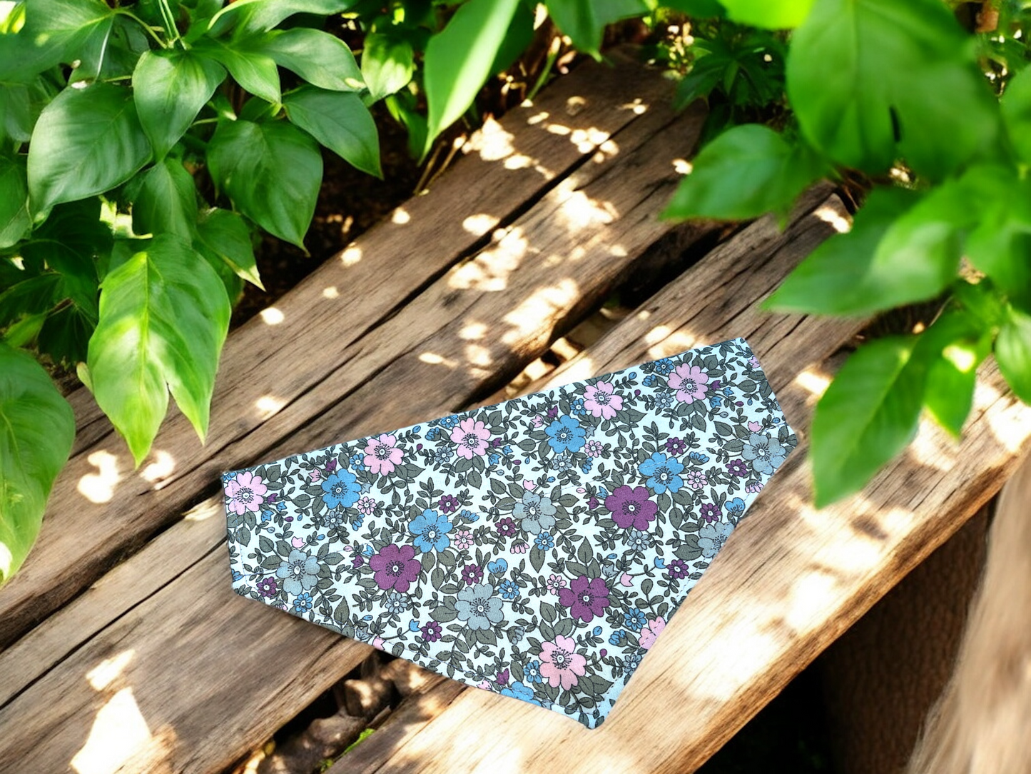 Dog Neckerchief / Bandana - Dog Collar Accessory in Purple Pink and Blue Floral design - Slides on Collar