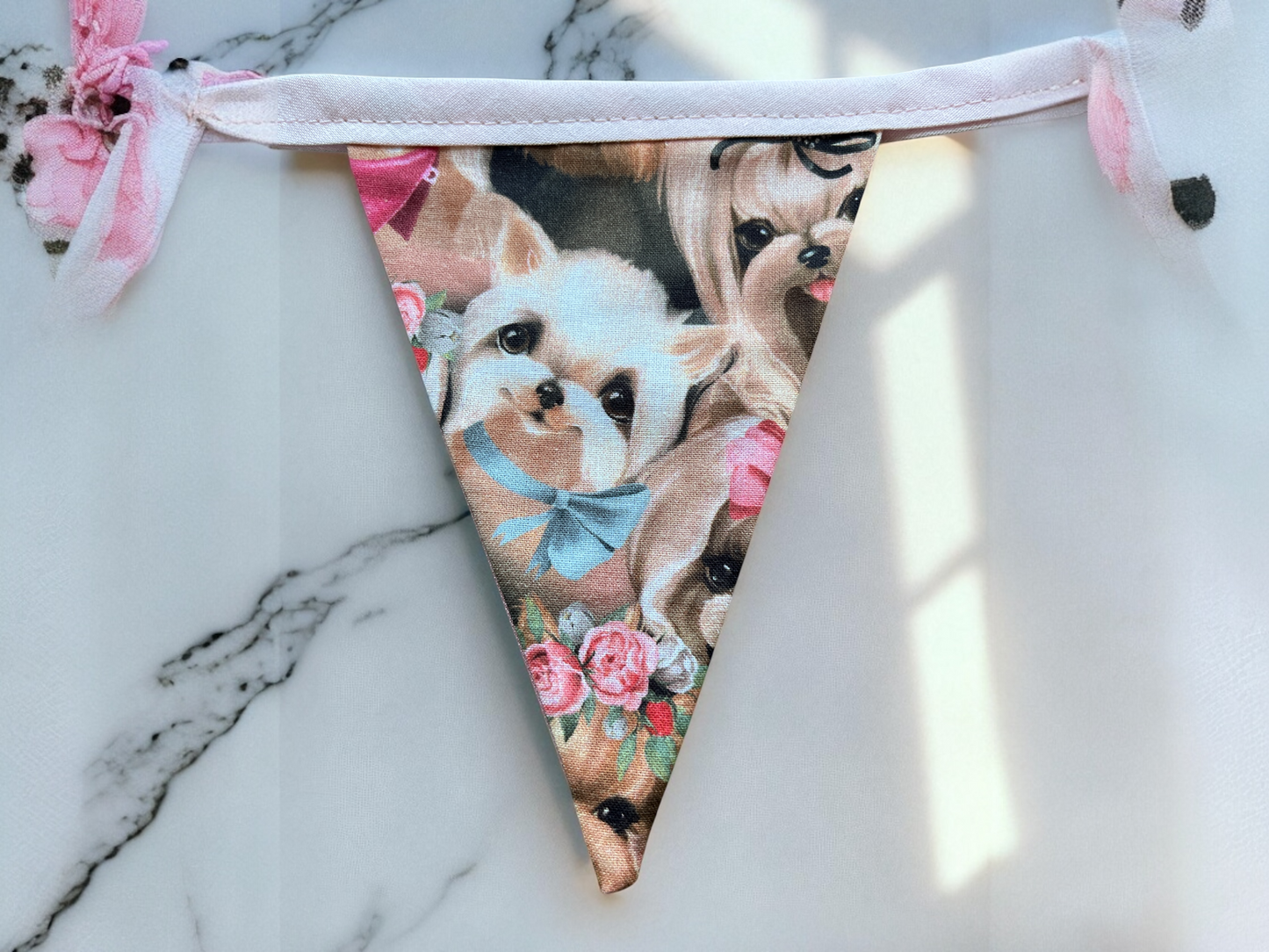 Double Sided Hand Made Bunting in a beautiful Cute Puppy design - Puppies on one side and Plain Pink on the other