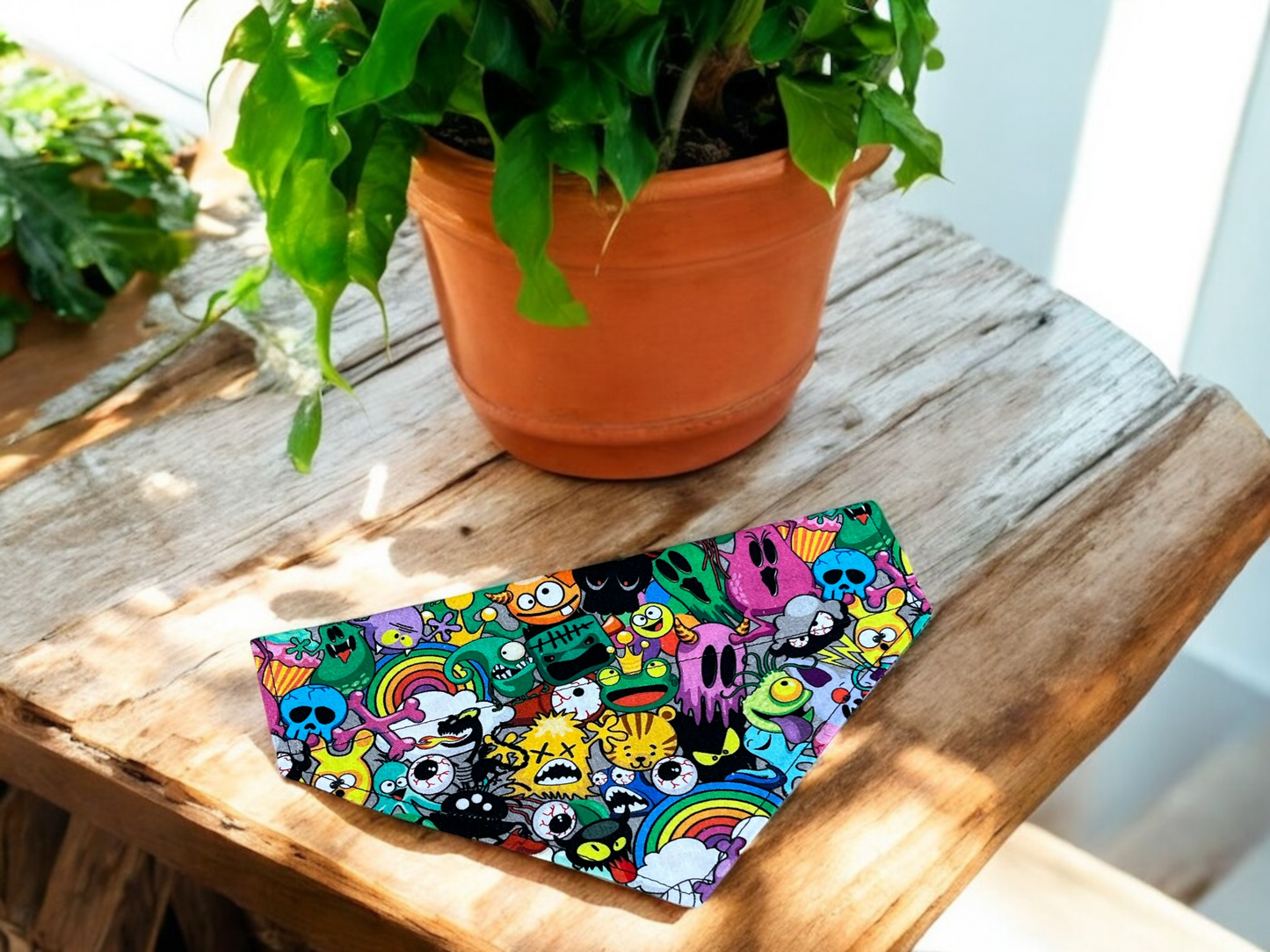 Neckerchief / Bandana Dog Collar Accessory in a Bright Monster Fabric - Slides on Collar
