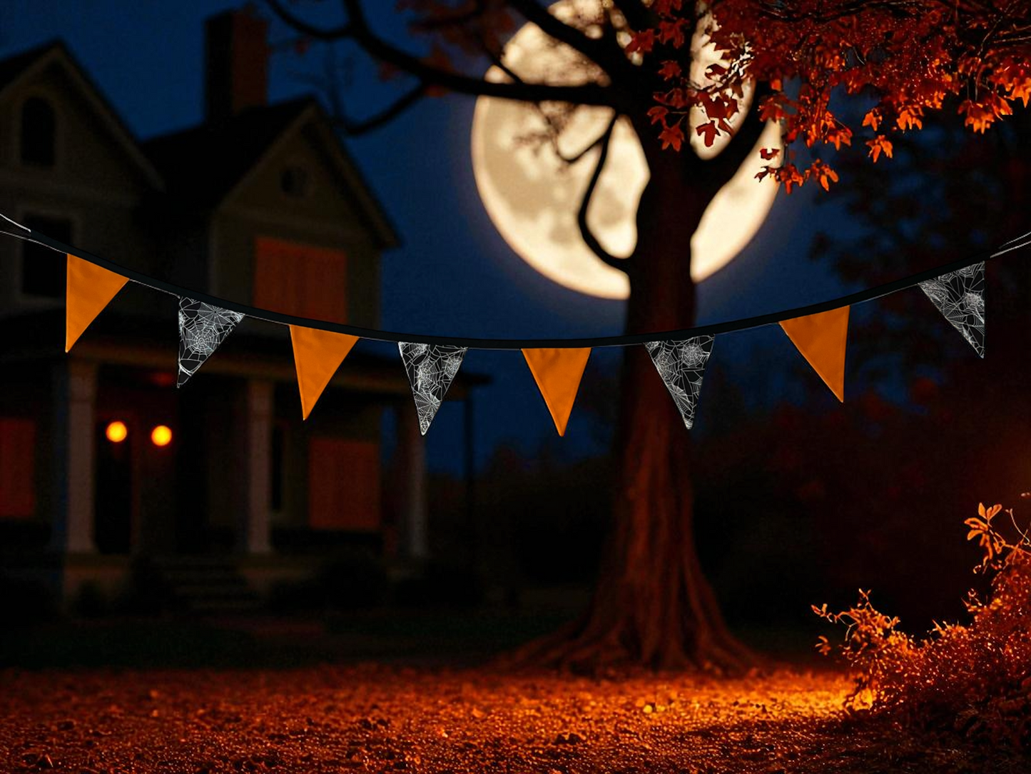 Hand Made Halloween Bunting: Spider Web and Orange Cotton - 2 Metres