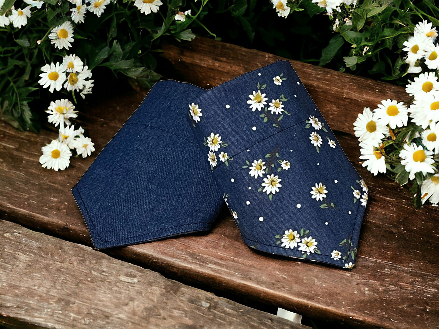 Hand made Dog Collar in a pretty daisy denim design - Blue - Adjustable