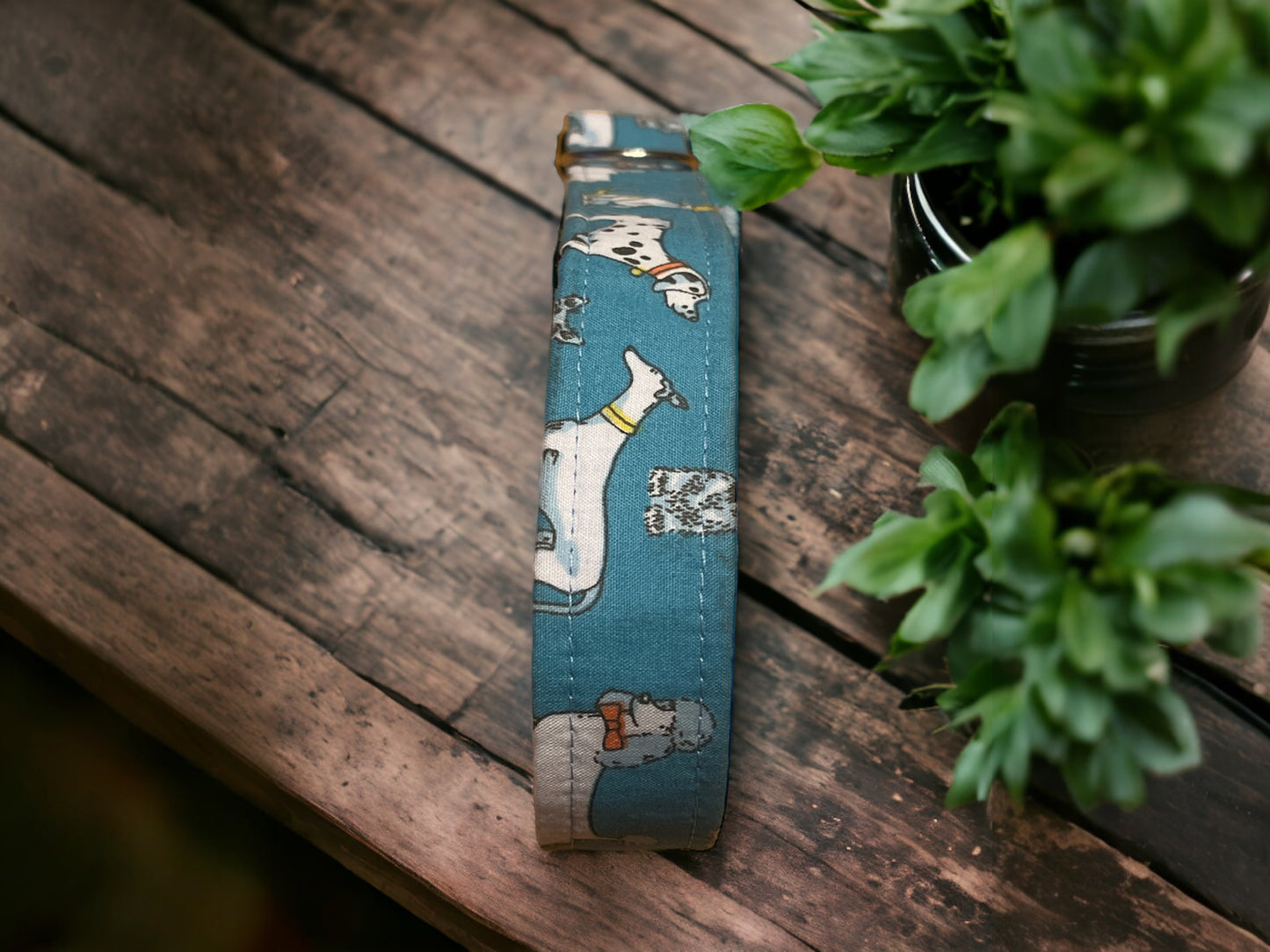 Dogs Collar in a Stylish Dog design featuring poodles and Dalmations - Blue - Adjustable