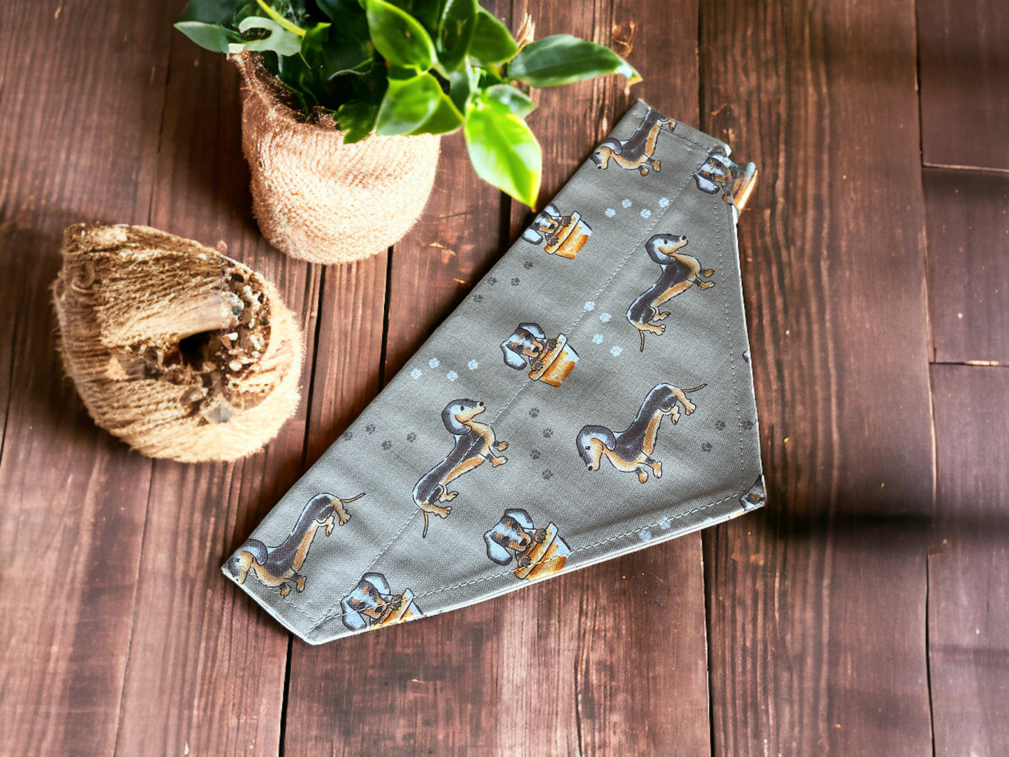 Dog Bandana - Dachshund Dog design - slides on collar Beige and orange