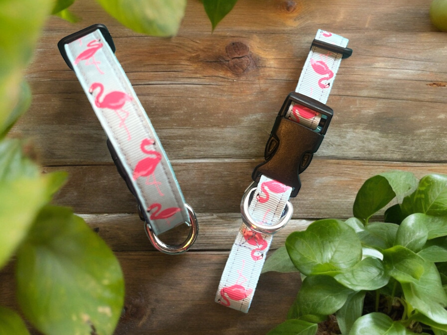 Adjustable Dog Collar in a cute Pink Flamingo on Baby Blue background Extra Small