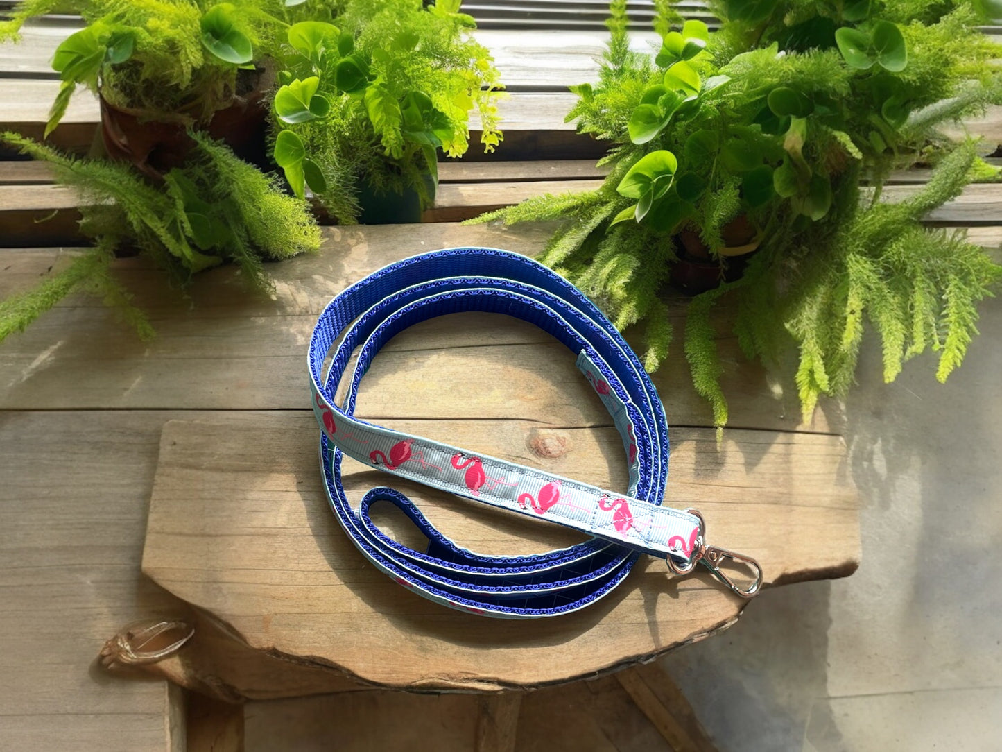 Dog Lead in a cute Pink Flamingo design on Baby Blue background- Matching collar available