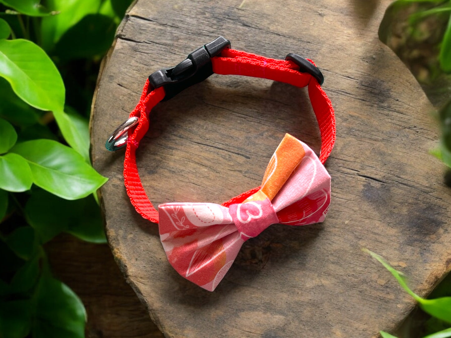 Orange and Pink Heart Bow Tie and Vibrant Orange Collar - Puppy - Lead Available