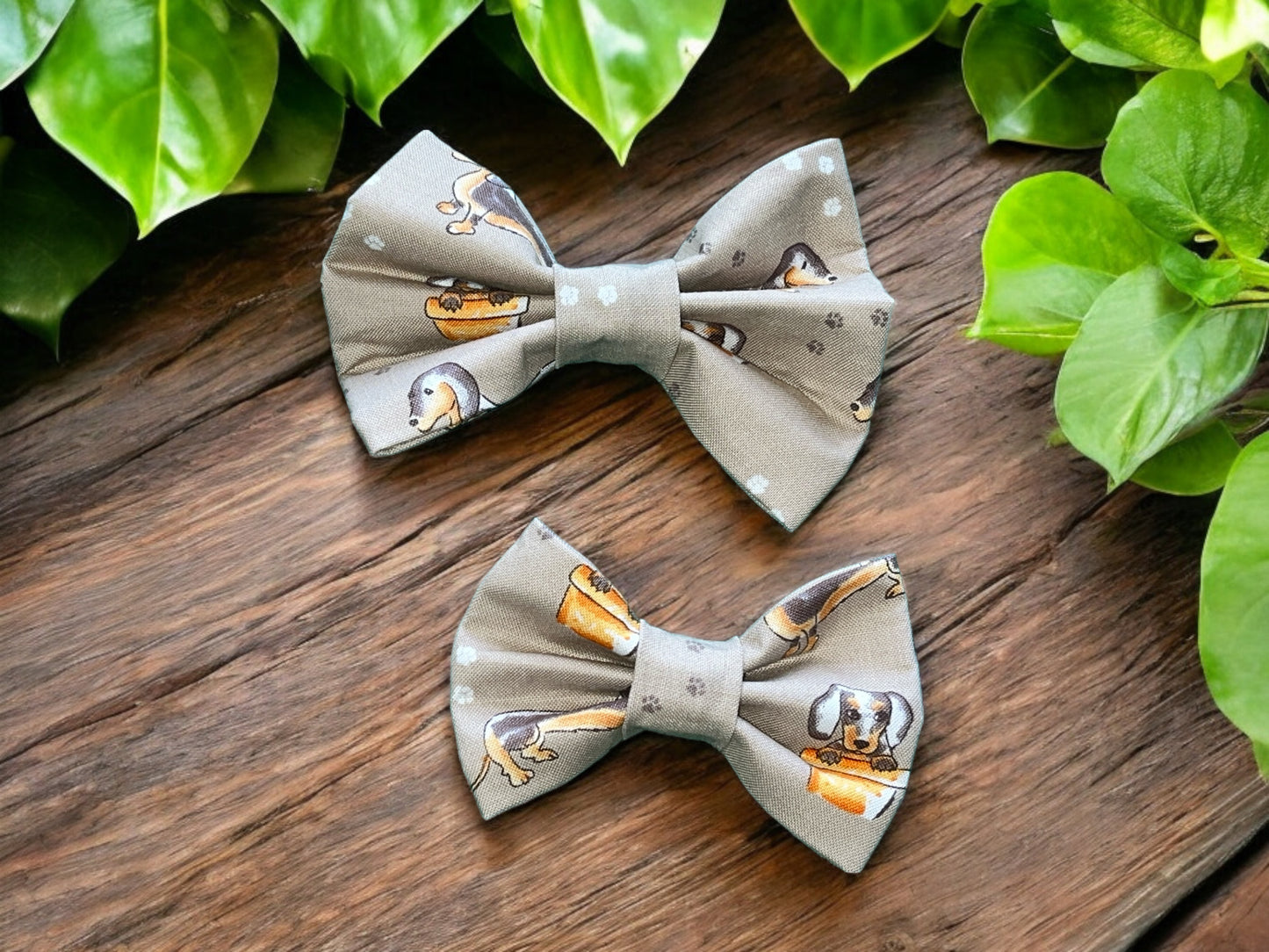 Dog Bow Tie in a cute Dachshund/Sausage Dog design- Beige and Orange