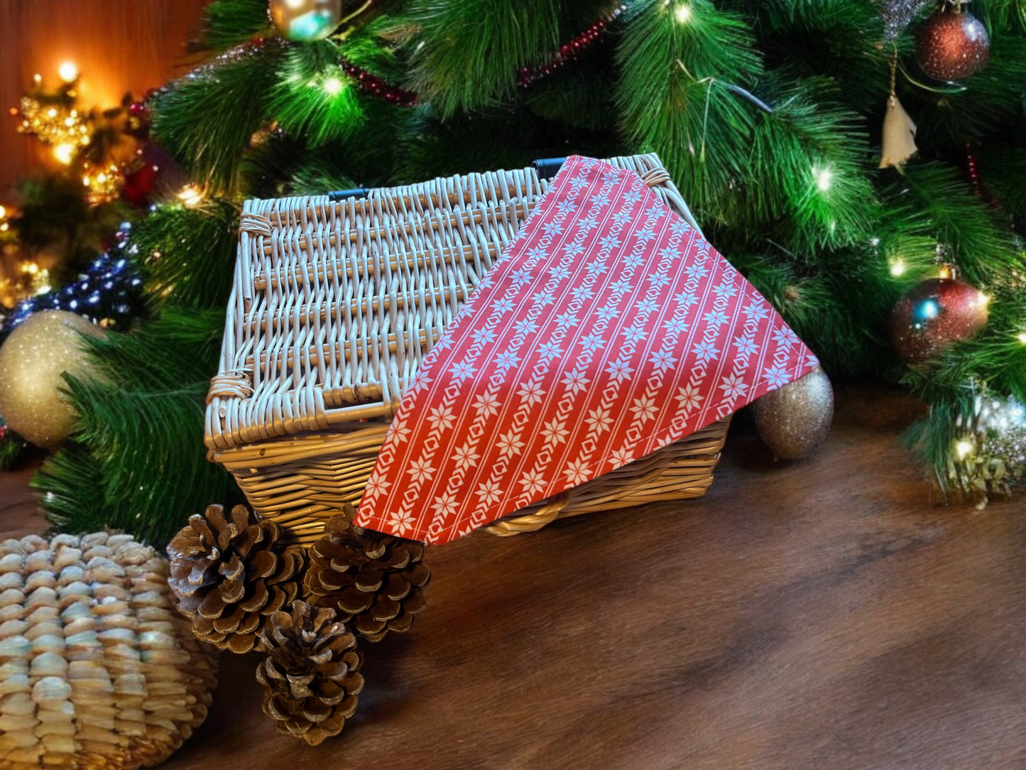 Dog Bandana in Red and White Christmas Nordic design- Slides on Collar