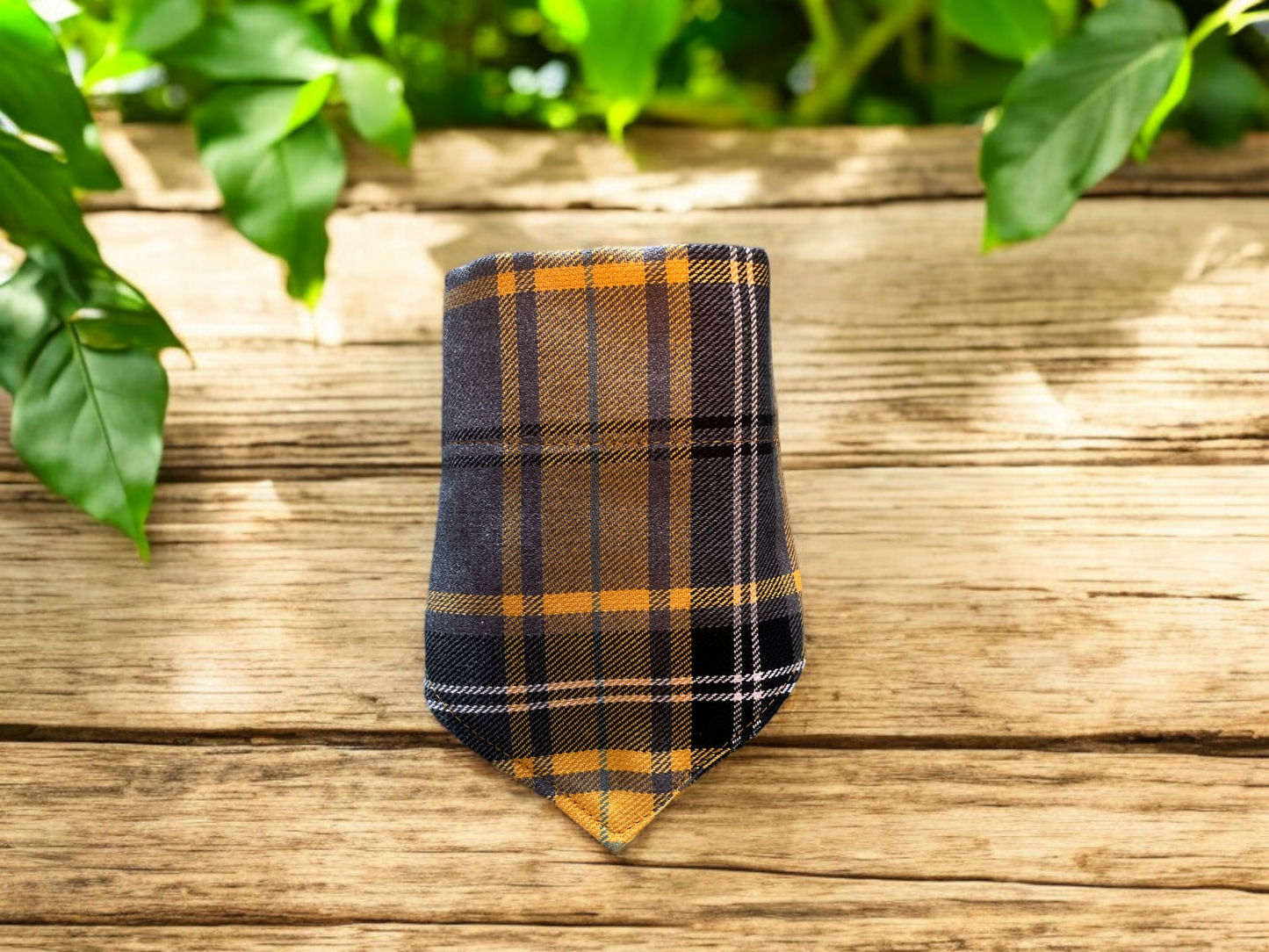 Dog Bandana  in Polyviscose Tartan Fabric – Yellow & Grey Scottish Plaid Check