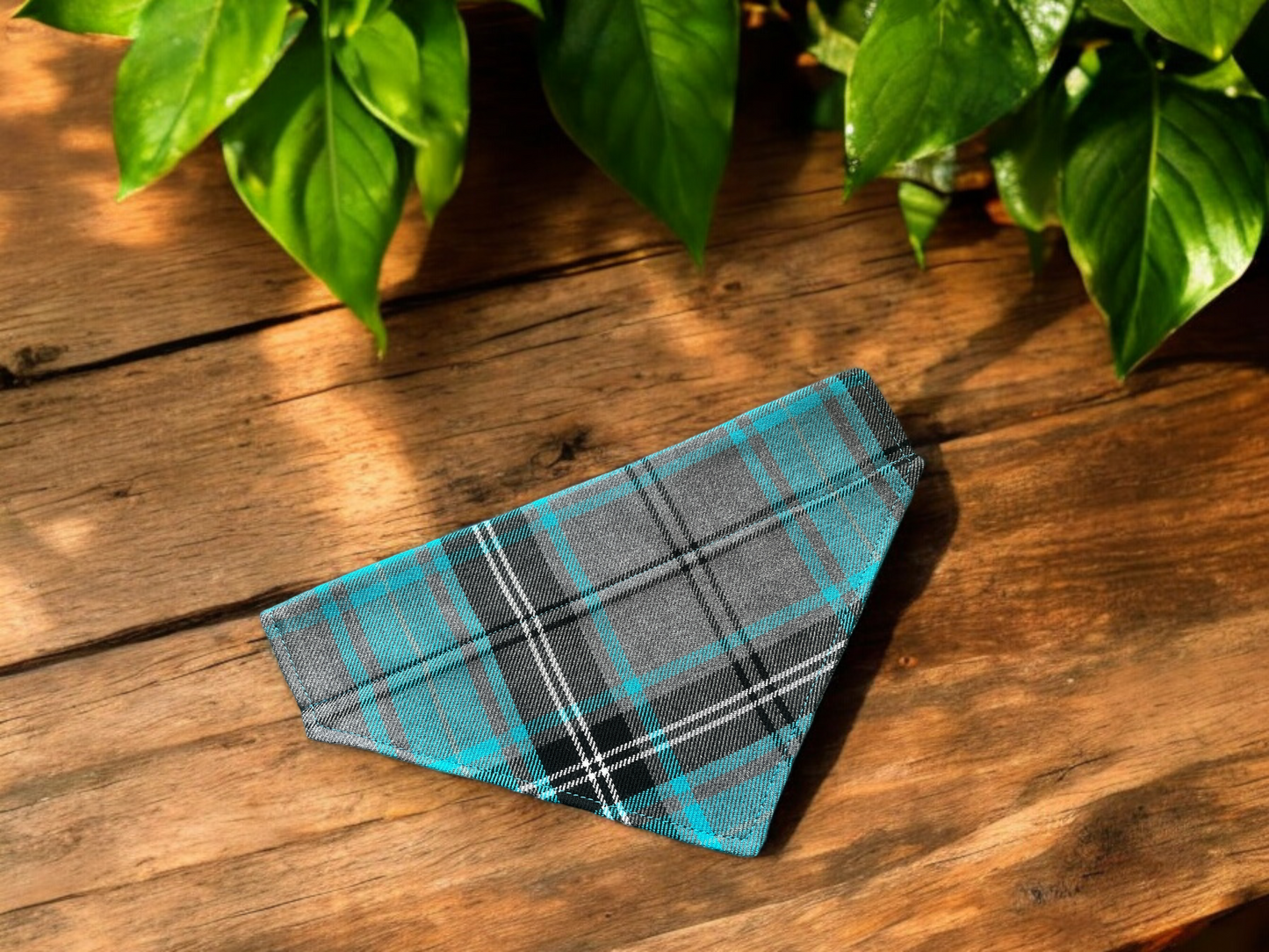 Dog Bandana in Polyviscose Tartan Fabric - Aqua & Grey Scottish Plaid Check