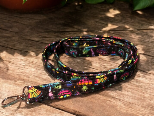 Dog Lead/Leash in a Vibrant Mushroom design on a Black Background - Adjustable- Dog Accessories - Fashion Lead - Matching Collar Available