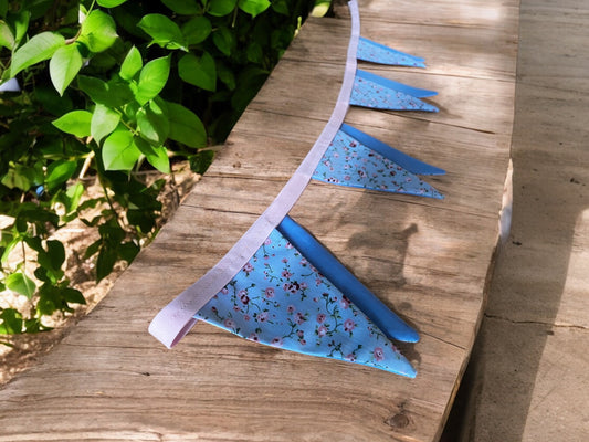 Chic Double Sided Hand Made Bunting in a Vintage Style Floral Fabric - Blue and Pink - Indoors - Outdoors