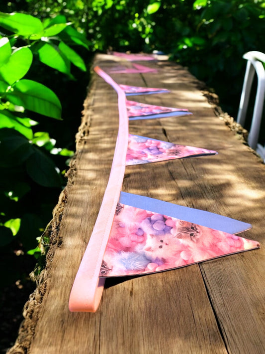 Double Sided Hand Made Bunting in a beautiful Cute Blue and Pink Kitten design - Kittens one side and Plain Blue the other