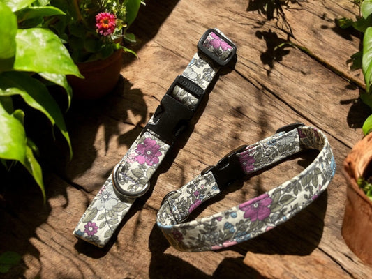 Dog Collar in a beautiful Purple Pink and Blue Floral design  -  Adjustable - Dog Accessories - Fashion Collar -  Matching Lead Available