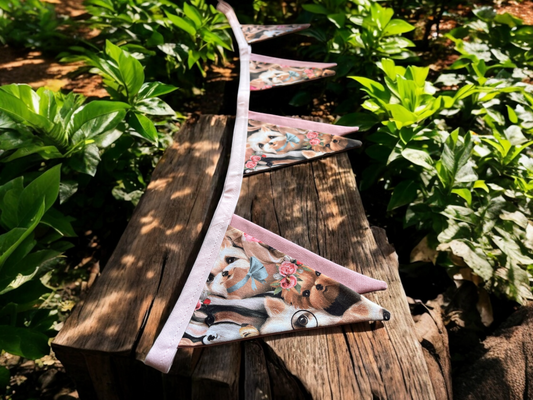Double Sided Hand Made Bunting in a beautiful Cute Puppy design - Puppies on one side and Plain Pink on the other