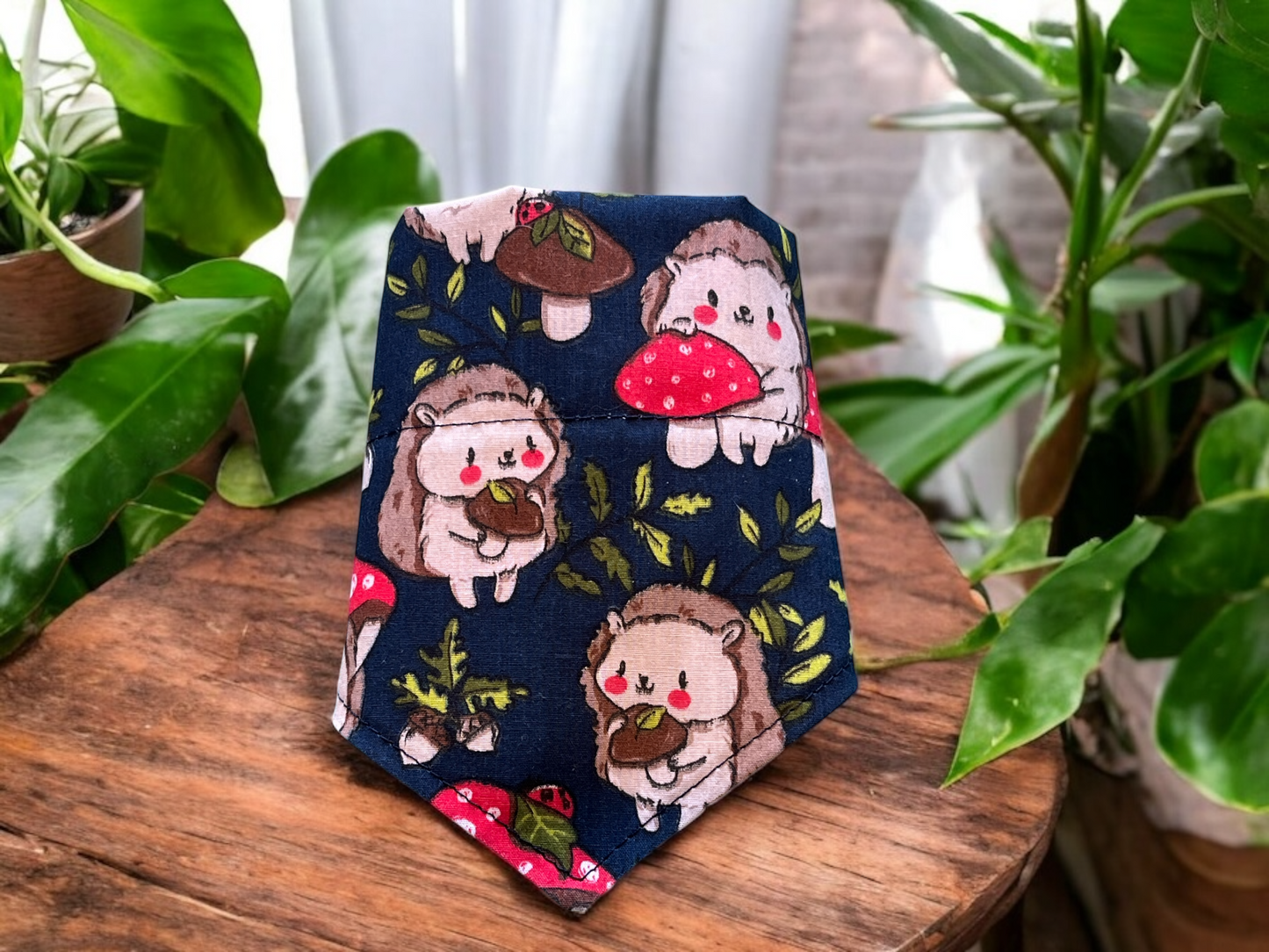 Dog Collar Accessory- Bandana Neckerchief in a Cute Hedgehog design on Navy background - Slides on Collar