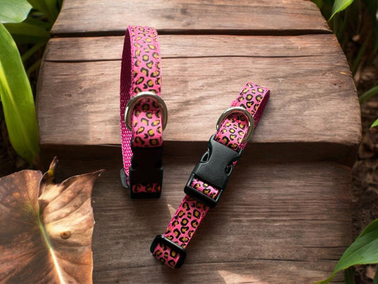 Adjustable dog collar in Pink Leopard design - Extra Small